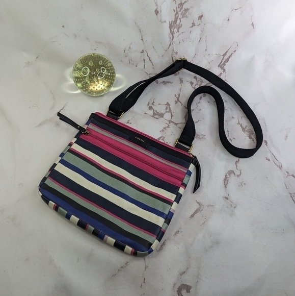 Fossil Eliza Black Multi Stripe Crossbody Messenger Bag Purse Pink Dots Stripes - Picture 3 of 16